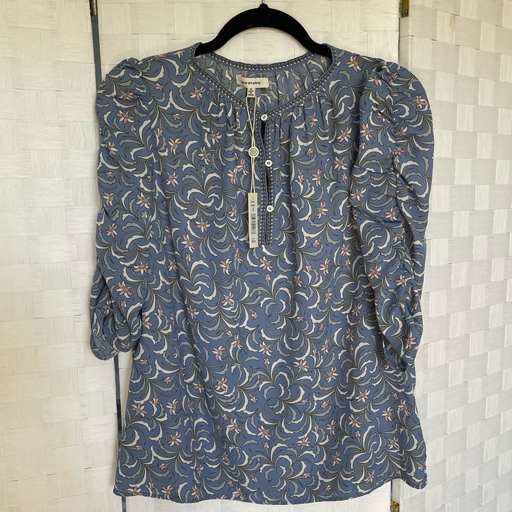 NWT Studio Women’s Blue Floral Print 3/4 Ruffle Sleeve Blouse Top Size Small